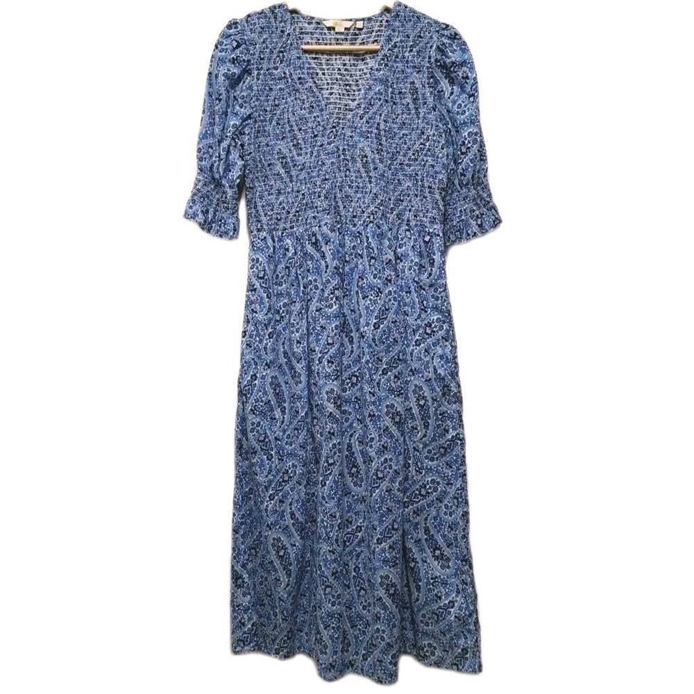 Boden Smocked Bodice Midi Dress Womens 12 Blue Paisley Floral Cotton Puff Sleeve